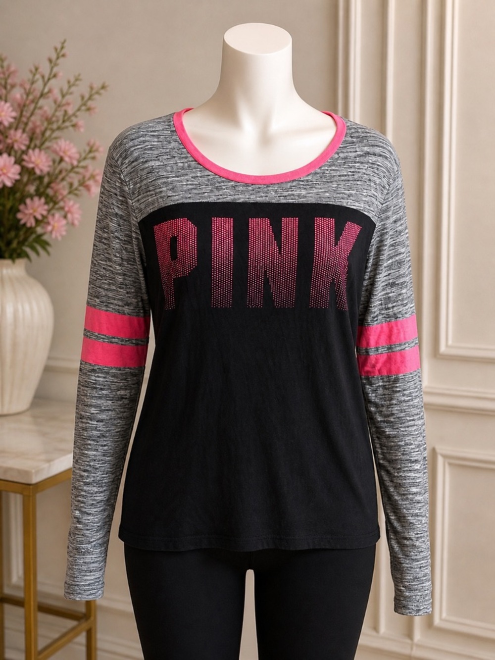 PINK Long Sleeve Top – Size Large – Pink Logo Colorblock Tee